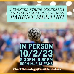 Details for meeting on October 2nd in M2 for returning students and parents. Auditorium background.